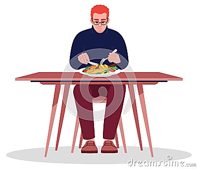 Man eating fish with knife and fork semi flat RGB color vector illustration Vector Illustration