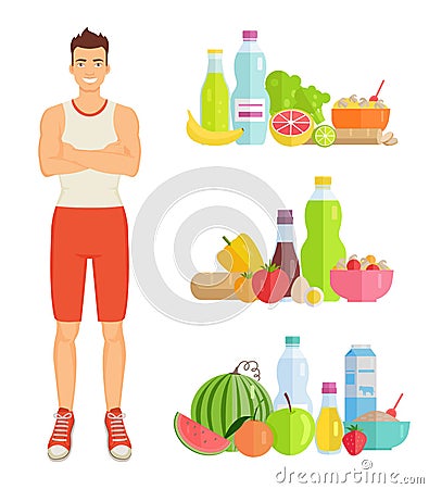 Man Eating Healthy Food Set Vector Illustration Vector Illustration