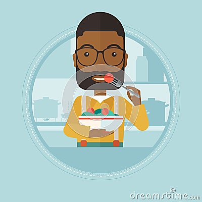 Man eating healthy vegetable salad. Vector Illustration