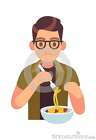 Man eating meal. Hungry male character with tasty noodles, lunch or dinner time with healthy pasta promotion cafe and Vector Illustration