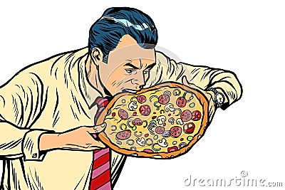 Man eating pizza, on white background Vector Illustration