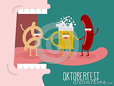 Man eating pretzel, beer and sausage. Traditional Oktoberfest fo Vector Illustration