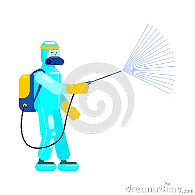 Man edical scientist in chemical protection suit disinfects spray to cleaning and disinfect virus Covid-19, Coronavirus Vector Illustration