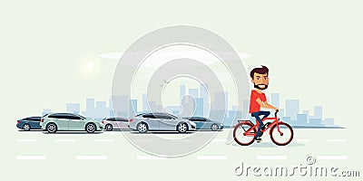 Man on Electric Bicycle on the Street with Cars behind Vector Illustration