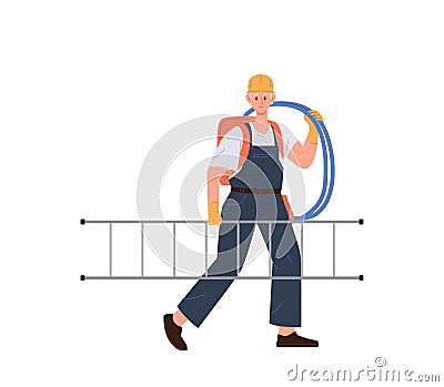 Man electrician in overalls, hardhat helmet carrying wire cable and step ladder vector illustration Vector Illustration