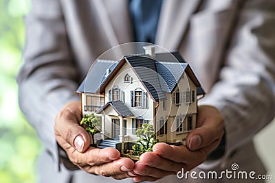 man in an elegant suit holds a model of an apartment building in his palms,hands in close-up,concept of mortgage lending, real Stock Photo