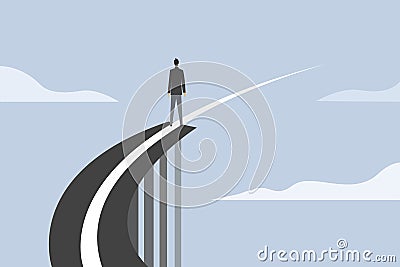 A businessman stands on the edge of a broken bridge and its divider line continues Vector Illustration