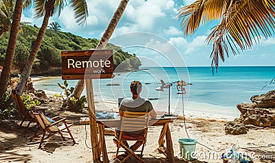 Man embracing digital nomad lifestyle with remote work setup on a tropical beach, showcasing the balance between work and Stock Photo
