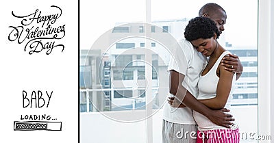 Man embracing pregnant woman and valentines text Stock Photo