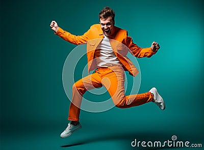 Man trendy handsome black guy lifestyle style adult fashion emotion african orange attractive studio young jump Stock Photo