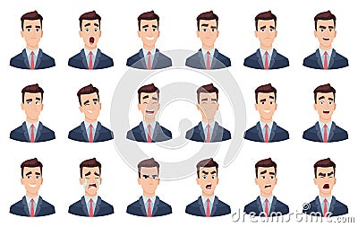 Man emotions. Facial characters different faces sadness hate smile head portrait vector characters Vector Illustration