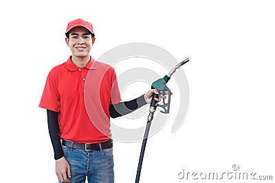 Man employee oil station wear red shirt and hat holding holding nozzle fuel fill oil isolated on white background. Stock Photo