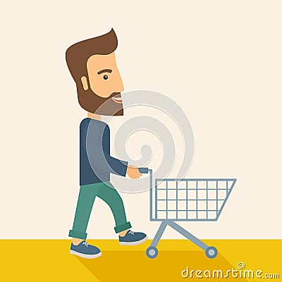 Man with empty cart. Cartoon Illustration