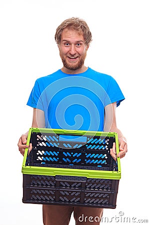 Man with empty container on white background Stock Photo