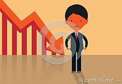 Man with empty pockets on the background of a negative schedule of falling incomes Vector Illustration