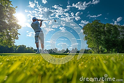 A man is energetically swinging a golf club on a beautifully maintained green field, A golfer analyzing the fairway before the tee Stock Photo