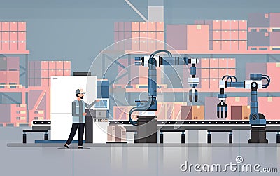 Man engineer controlling conveyor belt line robotic hands factory automation production manufacturing process concept Vector Illustration