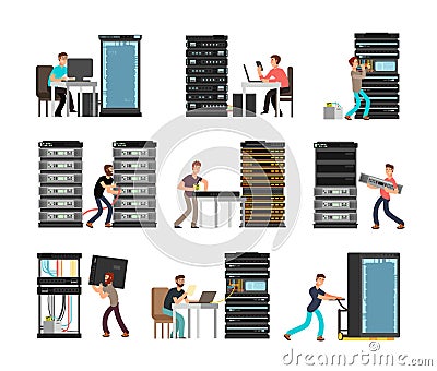 Man engineer, technician working in server room. Digital computer center support, data storage. Vector cartoon Vector Illustration