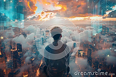 Man Engrossed In Dreamscape, Plotting Future Amidst Digital Landscape, A Visual Montage Stock Photo
