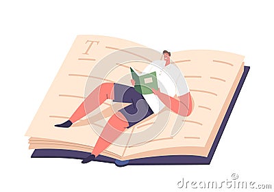 Man Engrossed In Reading Lying on Huge Open Book. Male Character Immersed In A World Of Words, Vector Illustration Vector Illustration