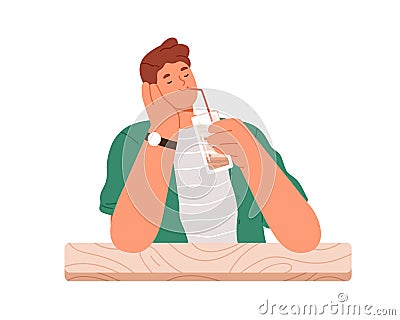 Man enjoying cold sweet drink. Happy person drinking sugar beverage, cocktail from glass, sipping it with straw, sitting Vector Illustration