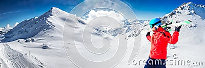 Man enjoying the stunning view before skiing in famous ski resort in Alps Stock Photo