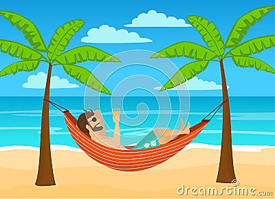 Man enjoying summer time holidays, vacations, lying in hammock under palm trees Vector Illustration