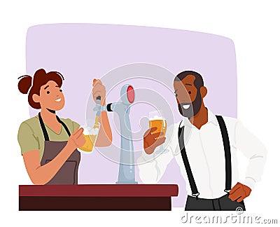 Man Enjoys A Refreshing Beer In A Lively Bar Atmosphere where Bartender Girl Pouring Foamy Beverage into the Glass Vector Illustration