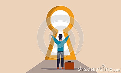 Man enter gate with door key and hand open future. People unlock chest and success way vector illustration concept. Career chance Vector Illustration