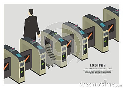 A man entering automatic gate machine. Simple flat illustration. Vector Illustration