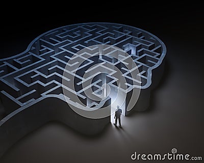 Man entering a maze inside a head Cartoon Illustration