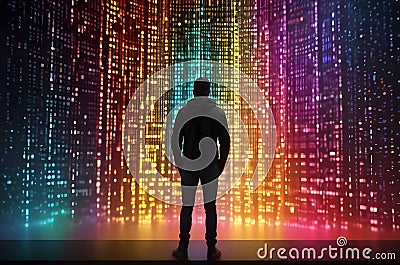 man entering or walking into future digital world, businessman on binary code background, digital world concept Cartoon Illustration