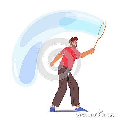 Man Entertains With A Soap Bubble Show, Male Character Creating Mesmerizing, Colorful Bubbles Of Various Shapes Vector Illustration
