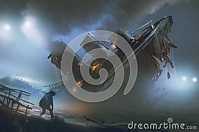 Man escape a sinking ship in rainy night Cartoon Illustration
