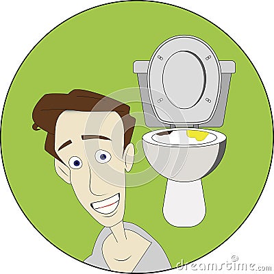 Man escaping disgusting toilet full of poo and piss round sticker label Vector Illustration