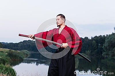 Man in ethnic samurai japanese clothing uniform Stock Photo