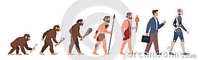 Man evolution. Human ancestor, step by step development, gradual biological genetic changes, from monkey to robot stages Vector Illustration