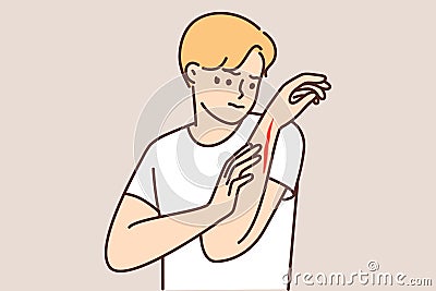 Man examines hand with deep cut or wound received after accident at work Vector Illustration