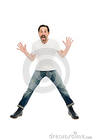 Man excited jumping. Mature charismatic speaker excited to inform. Full of excitement. Happy emotional guy. Good news Stock Photo