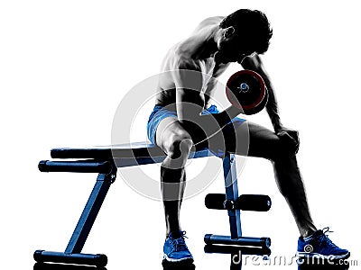Man exercising fitness weights Bench Press exercises silhouette Stock Photo