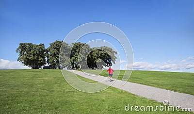 Man exercising nordic walking on road to elms at the Woodland Cemetery, Stockholm. Unesco World Heritage. Editorial Stock Photo