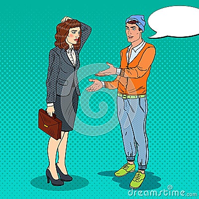 Man Explaining his New Idea to Businesswoman. Pop Art illustration Vector Illustration