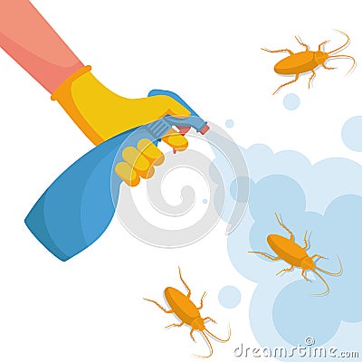 Man exterminator holds a sprayer in hands spraying pesticide Vector Illustration