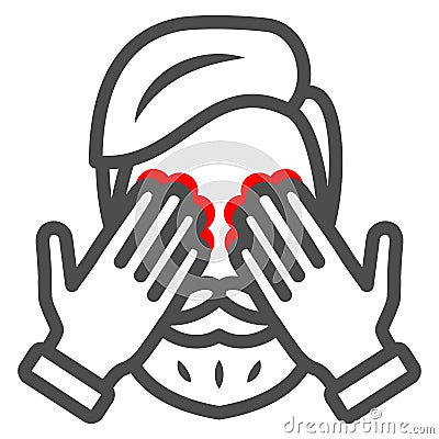 Man eyes hurt and itch line icon, body pain concept, person has eye problems vector sign on white background, outline Vector Illustration
