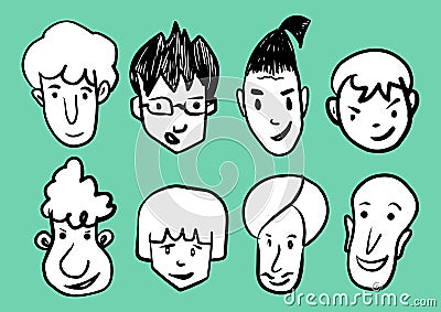 Man face cartoon icon vector illustration, Men Smiling, young men avatar line icon, hand drawn in Black and white people funny Vector Illustration