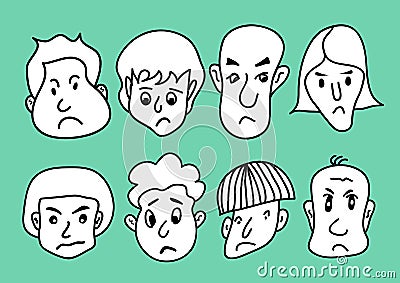 Man face cartoon icon vector illustration, Men Smiling, young men avatar line icon, hand drawn in Black and white people Sad faces Vector Illustration