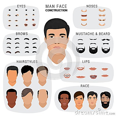 Man face constructor vector male character avatar creation head skin nose eyes with mustache and beard illustration set Vector Illustration