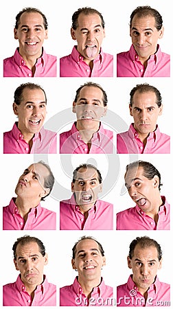 Man face expressions composite isolated on white Stock Photo