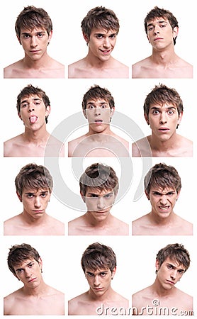 Man face expressions composite isolated on white Stock Photo