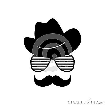 Man face with glasses, mustache and cowboy hat. Photo props. Cowboy. Vector Vector Illustration